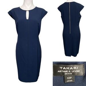 Tahari dress 12p navy Blue cap sleeve knee length office church business